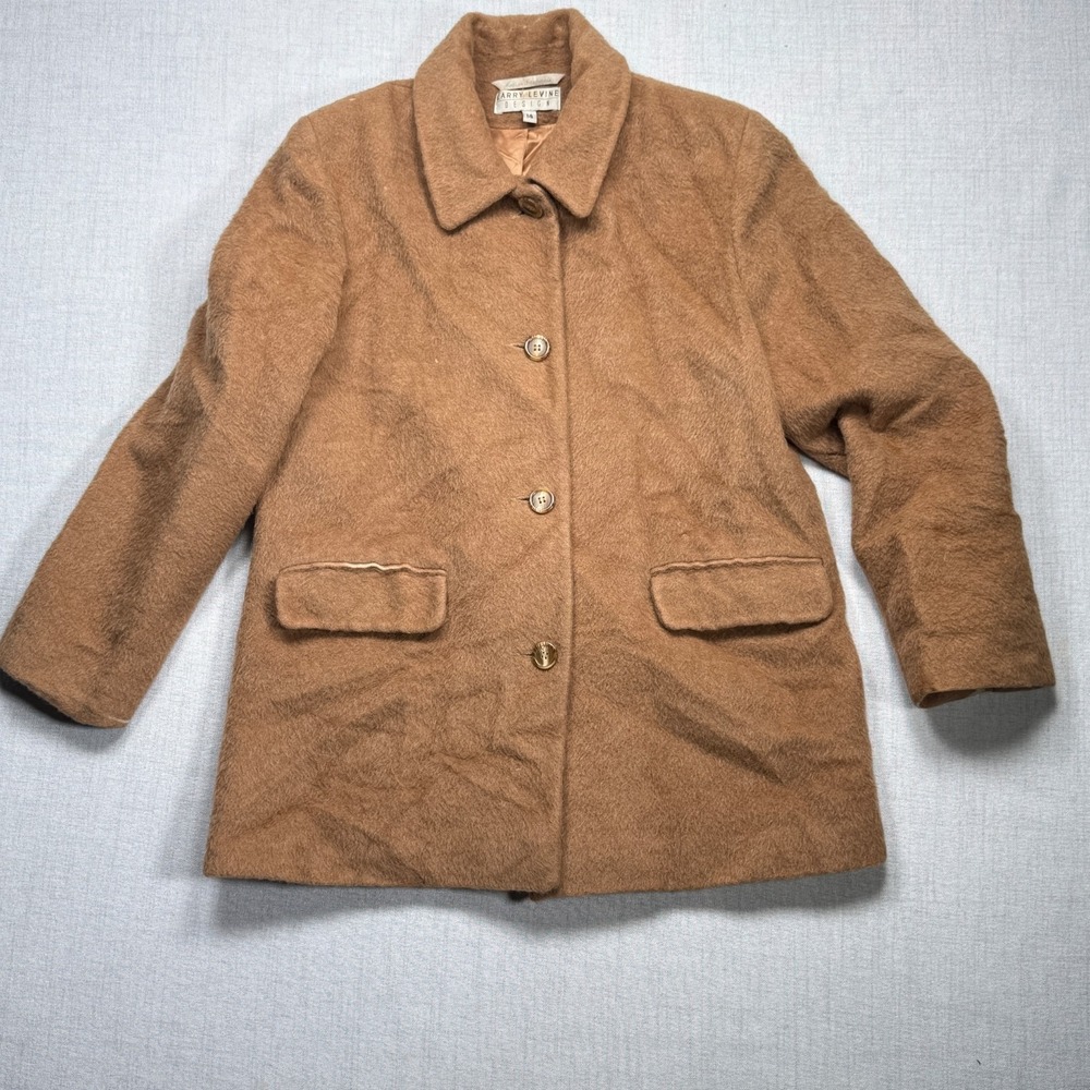 Vintage Larry Levine Design Camel Wool‑Blend Coat Classic Button Front Size 14